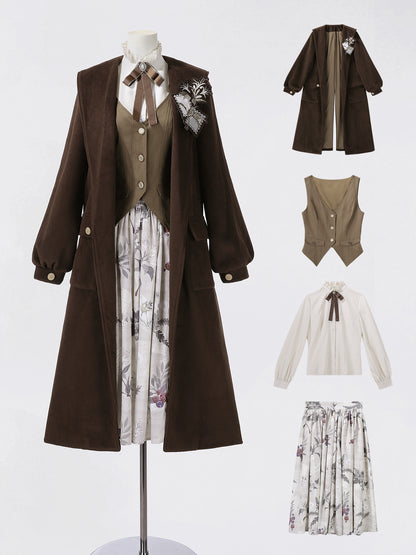 レトロロングコート+スカート+シャツ+ベスト