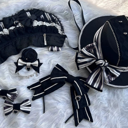 【10月3日予約締切】Black/White Elegant Gothic Series Accessories(Black Butterfly Print Striped Ribbon Hat, Black Rose Ribbon Brooch, Ribbon KC, Hair Clip Pair, Bonnet)