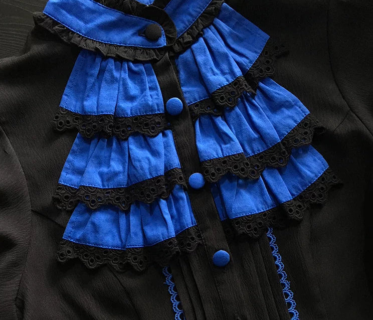 [Vorbestellfrist: 13. Juli] Kleinblaue Gothic-Lolita-Rüschen-Stufenkleid-Komplettset