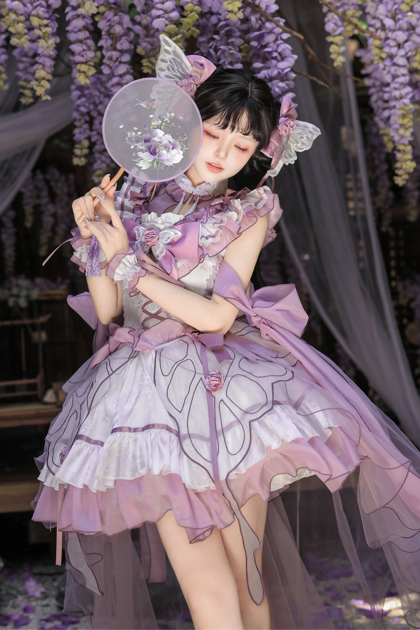 【8月18日予約締切】蝴蝶フェアリーチャイナロリータエンブロイダリーリボンレイヤードドレスコンプリートセット
