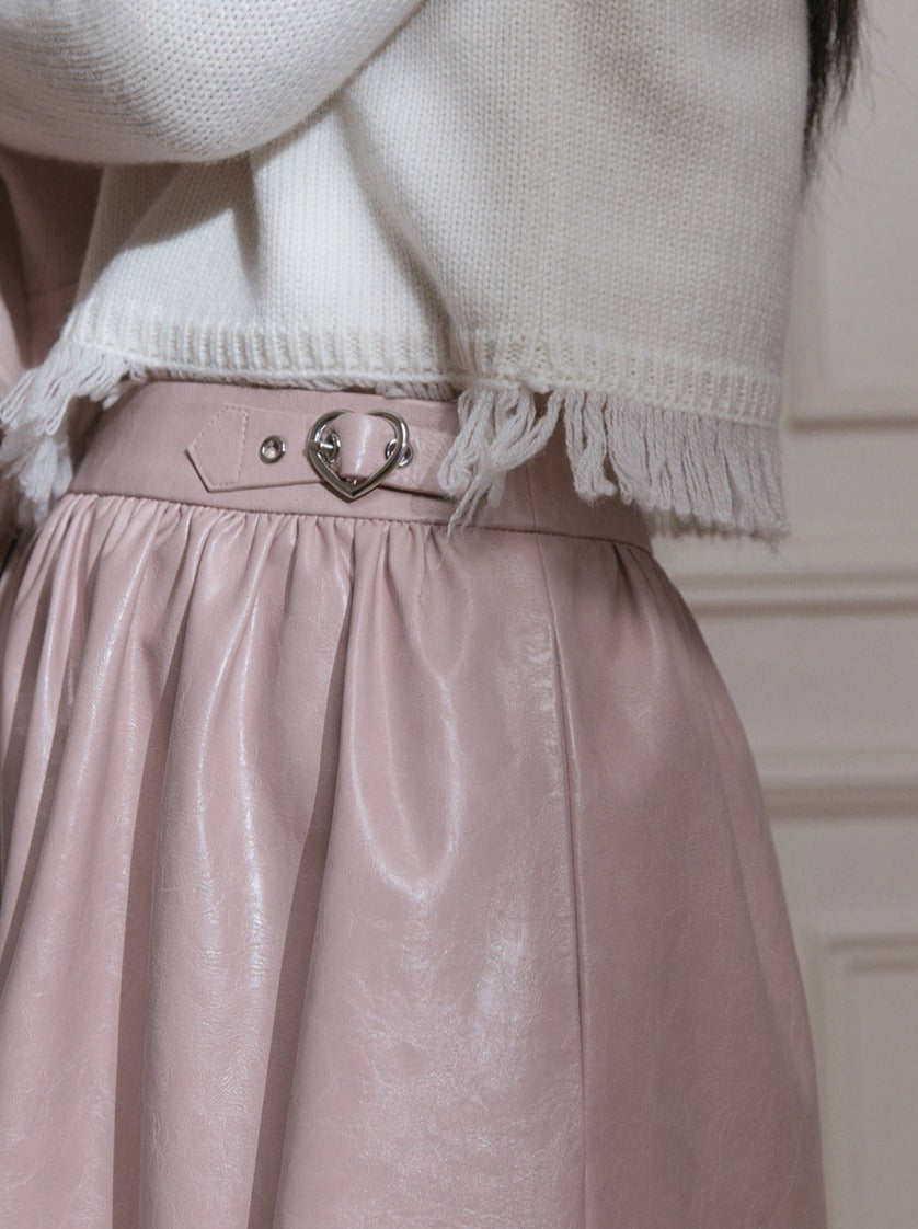 Milky Peach Sweetheart Belt Leather Long Skirt