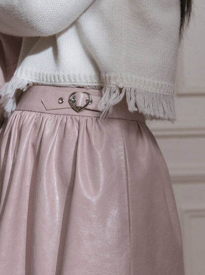 Milky Peach Sweetheart Belt Leather Long Skirt