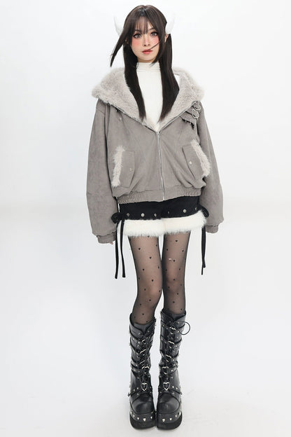 ラビットミストグレイフーデッドジャケット