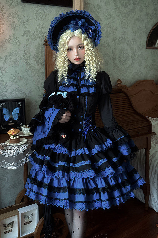 [Vorbestellfrist: 13. Juli] Kleinblaue Gothic-Lolita-Rüschen-Stufenkleid-Komplettset