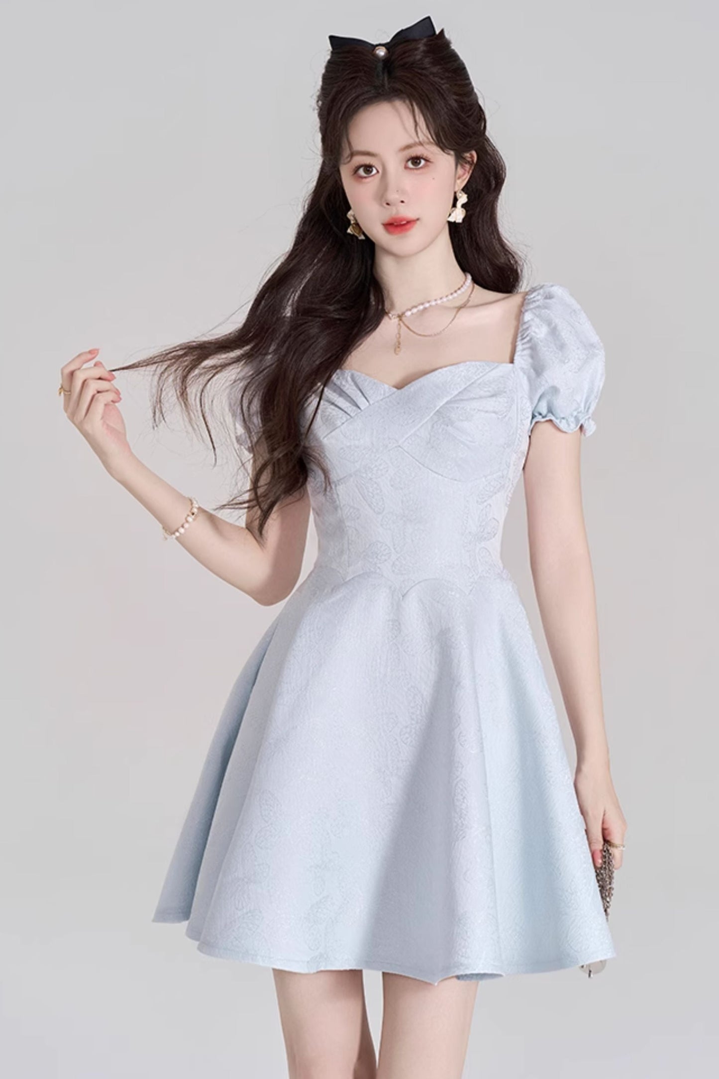 Blue Sweet French Puff Sleeve Dress
