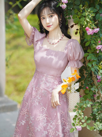 Square Neck Lace-Up Flower Dress