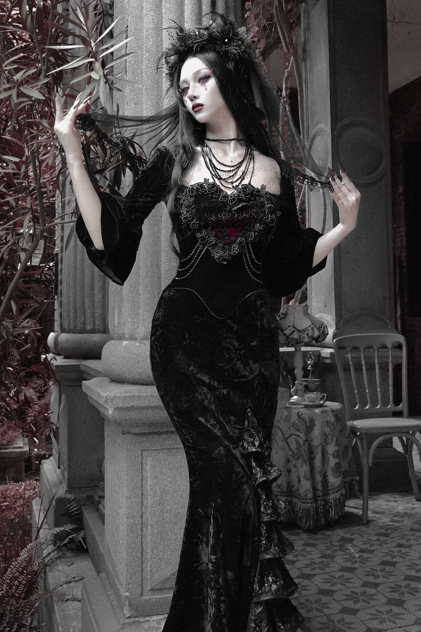 Thriller Crimson Gothic Velvet Mermaid Dress + Gloves