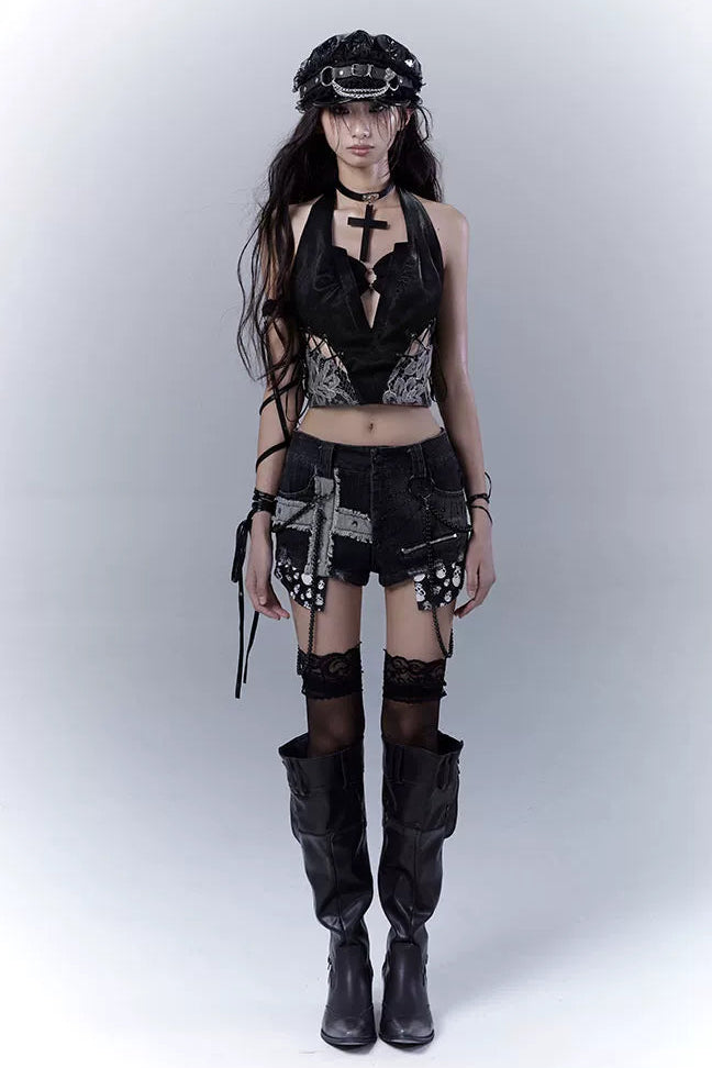 ダークレースパッチワークレザーキャミソール