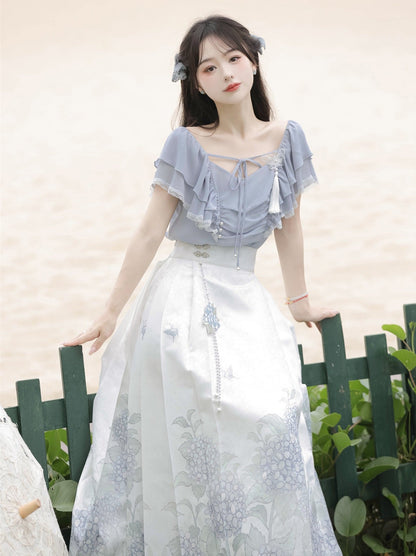 Hydrangea Letter Sweet China Ruffle Ruffle Ribbon Top Skirt Suit