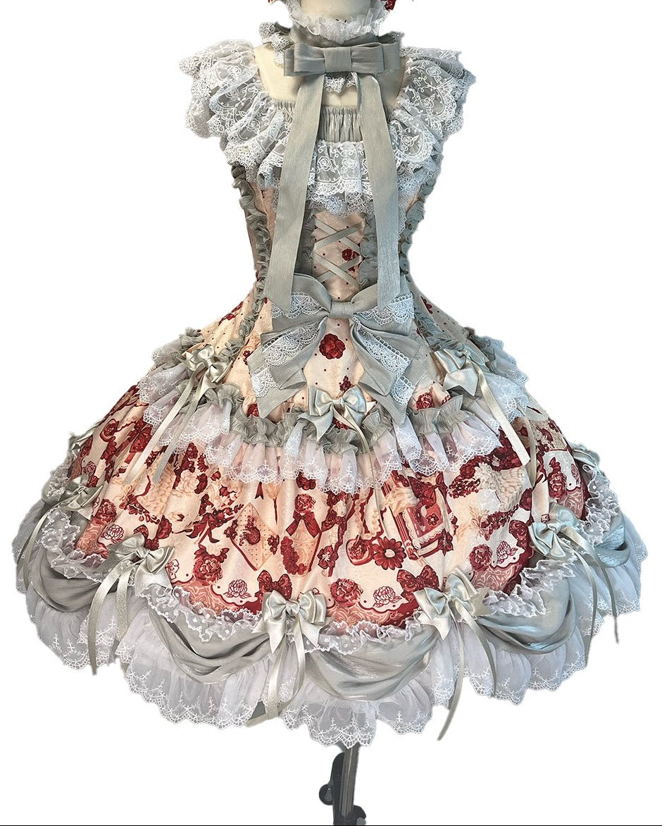 [Date limite de précommande 9/28] Ensemble robe + KC à imprimé floral Alice lolita classique, gris argenté x rouge / rose x bleu, à volants et rubans