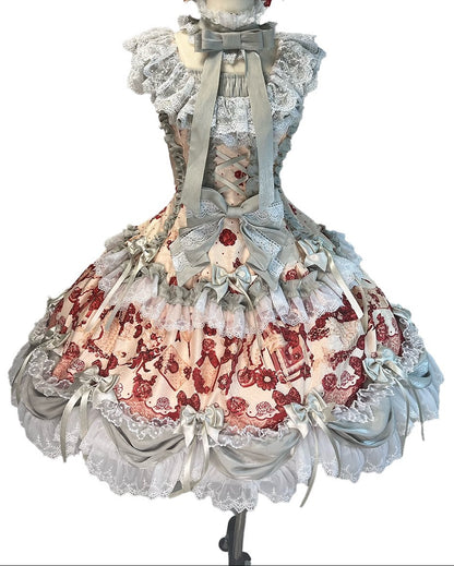 [Date limite de précommande 9/28] Ensemble robe + KC à imprimé floral Alice lolita classique, gris argenté x rouge / rose x bleu, à volants et rubans