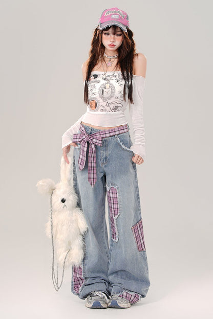 Check panel straight wide leg pants