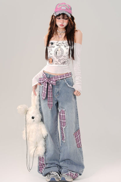 Patchwork check Wide leg jeans