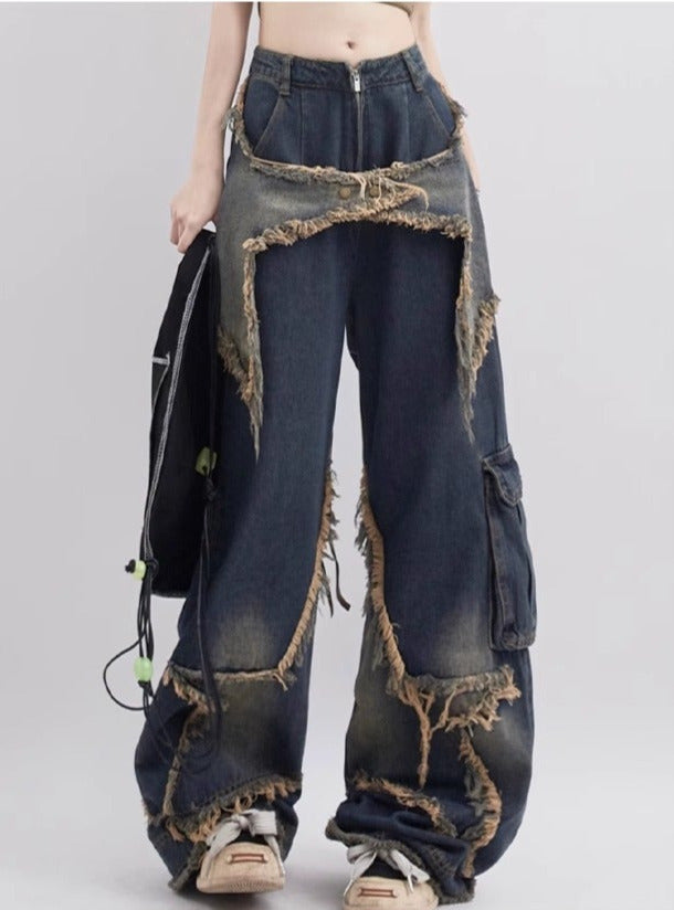 Retro design star patch old straight denim pants