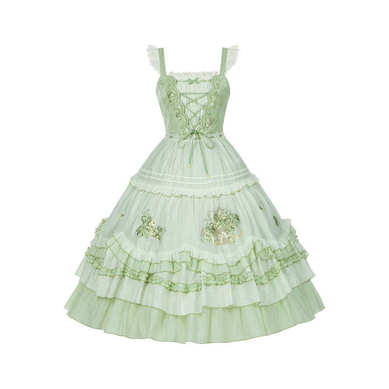 Green Embroidered Lolita One-Piece Dress + Cardigan + Hat + Belt + Accessories