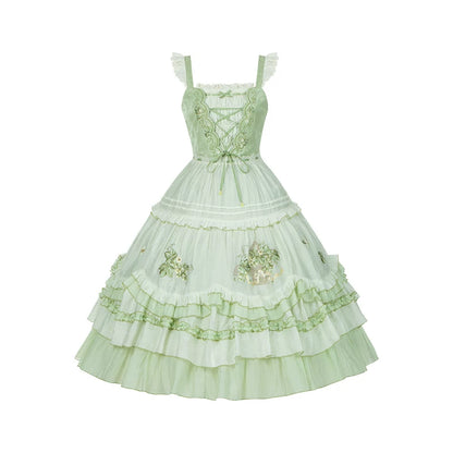 Green Embroidered Lolita One-Piece Dress + Cardigan + Hat + Belt + Accessories