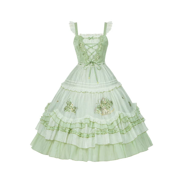 Green Embroidered Lolita One-Piece Dress + Cardigan + Hat + Belt + Accessories