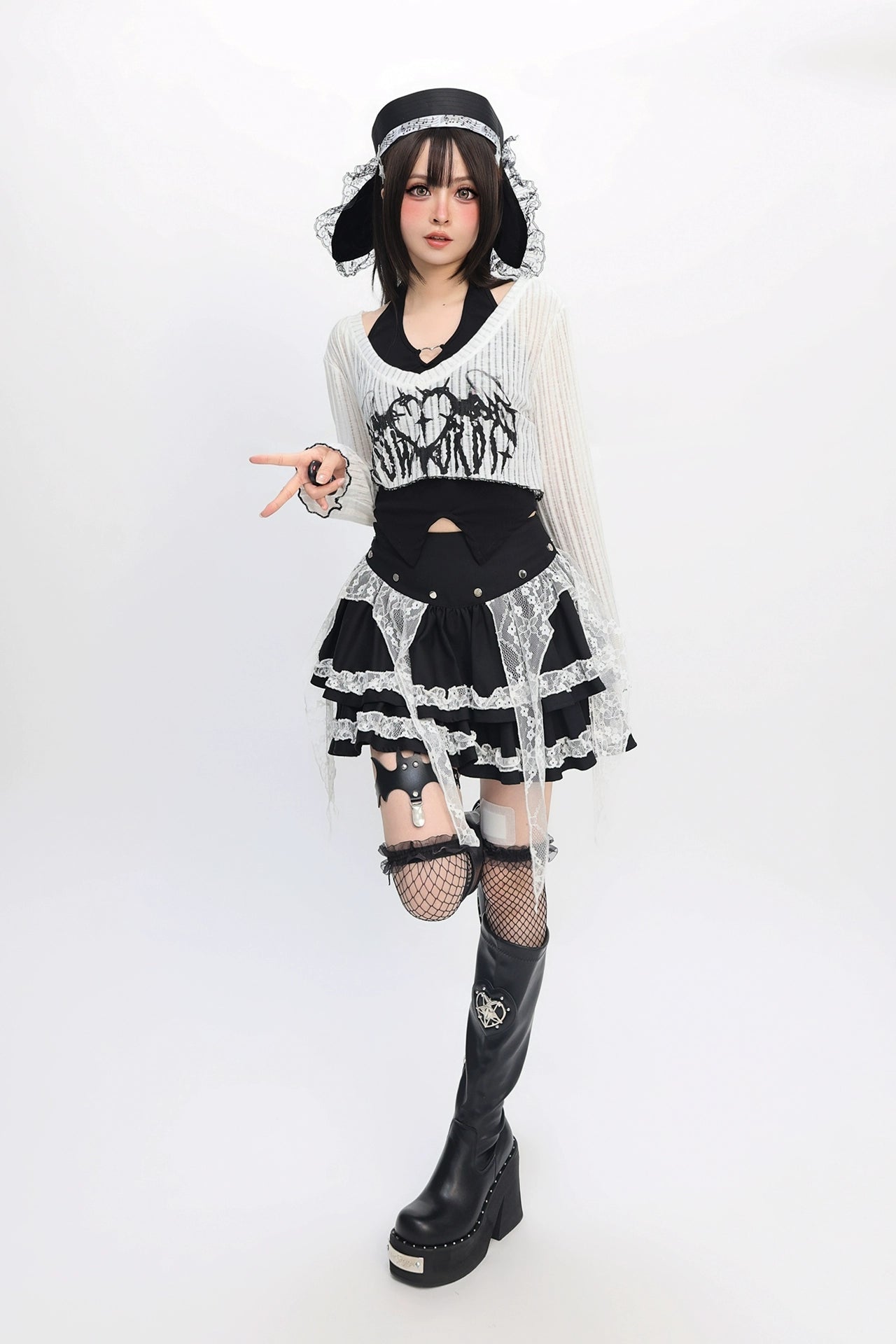 Punk style top + lace skirt