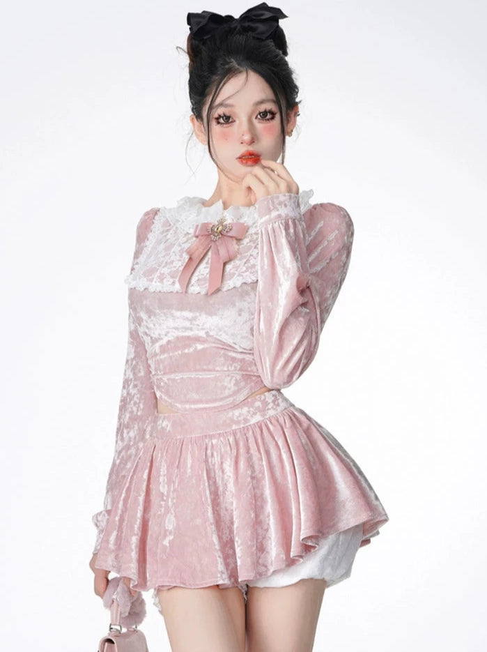 Princess Pink Velvet Lace Slim Top + Skirt + Fur Short Jacket