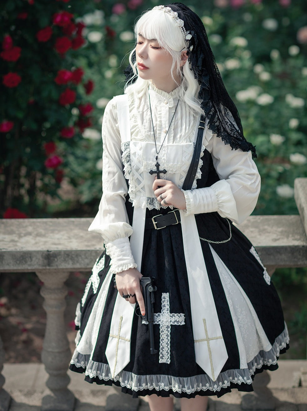 Cross Elegant Lolita Dress + Short Jacket + Hairband + Veil + Collar