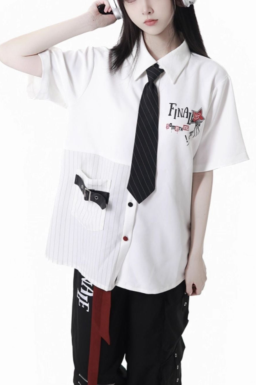 コントラストシャツ＋チェックスカート＋ブラックスカート＋ワイドパンツ＋ネクタイ