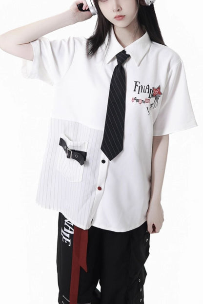 コントラストシャツ＋チェックスカート＋ブラックスカート＋ワイドパンツ＋ネクタイ