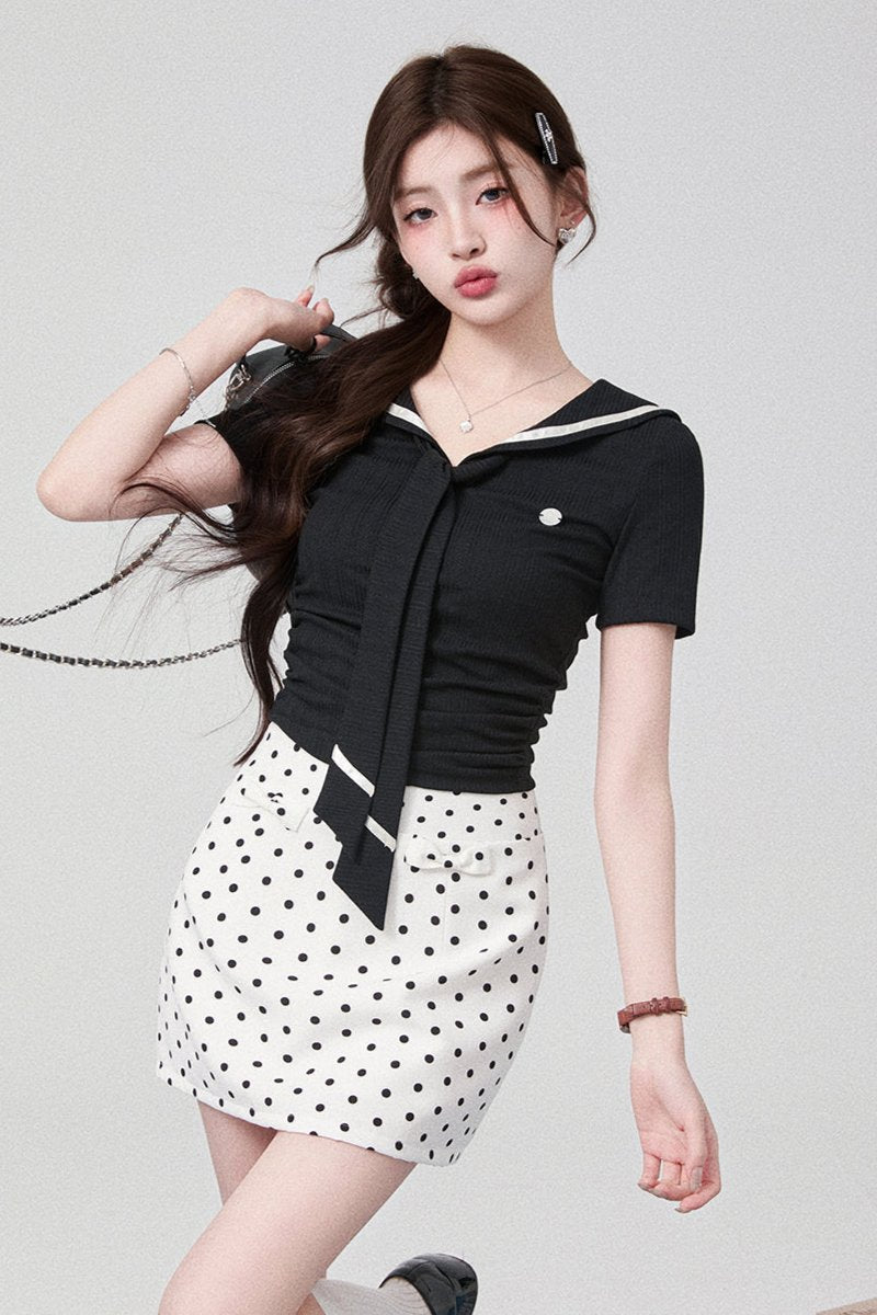 Sailor Kara Sweet Bow Knit Top + Black Skirt