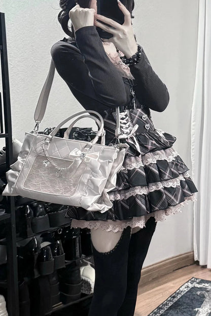 [Pre-order Deadline: October 30] Black Pink Lace Trim Square Neck Choker Design Knit Top + Lace Trim Plaid Tiered Skirt