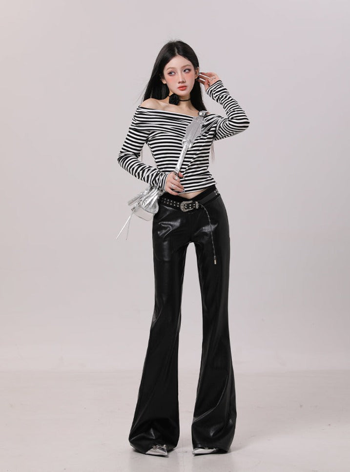 Leather design long flare pants