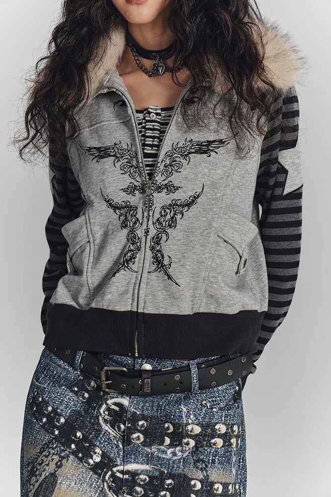 ファーカラーーパッチワークショートジャケット