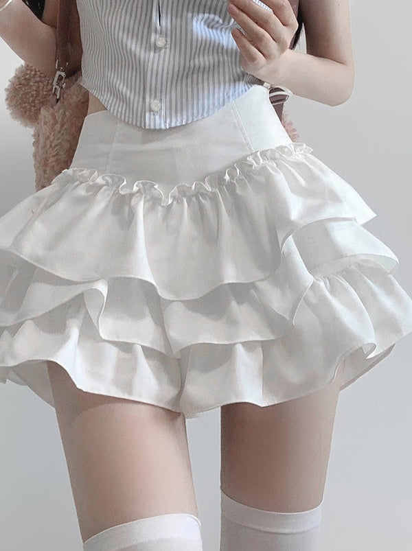 Sweet Girl Slim Puff Sleeve Top + Flared Ruffle Skirt + Ribbon