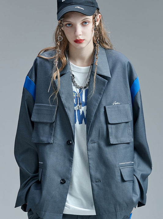 GUUKA gray multi-pocket tooling suit female Liu Ye with the same paragraph hip-hop couple hole suit jacket female loose