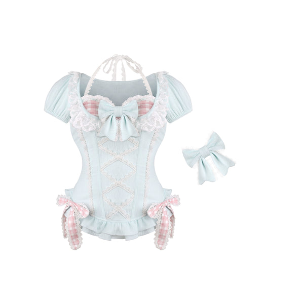 ミントコーンブルーリーリボン+ピンクチェックケーキスカート