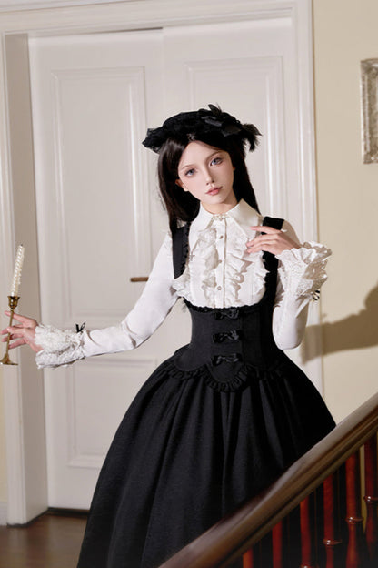 [Reservations] Dark Gothic Doll Long Suspender Lolita Skirt + Big Ribbon Tail + Ruffle Shirt + Ruffle Collar