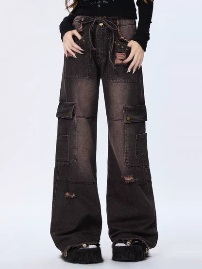 Retro Damaged Black Gradient Denim Cargo Pants