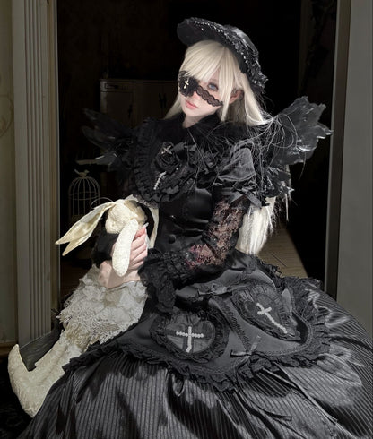 【12月12日予約締切】Night Crossダークエレガントゴシックロリータジュエルリボンケープ＋ロングドレスセット