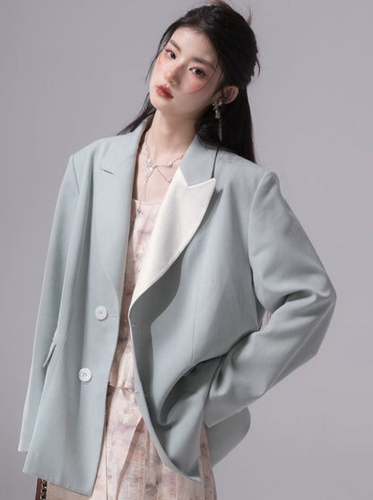 Contrast Green Field Pearl Lapel Collar Jacket