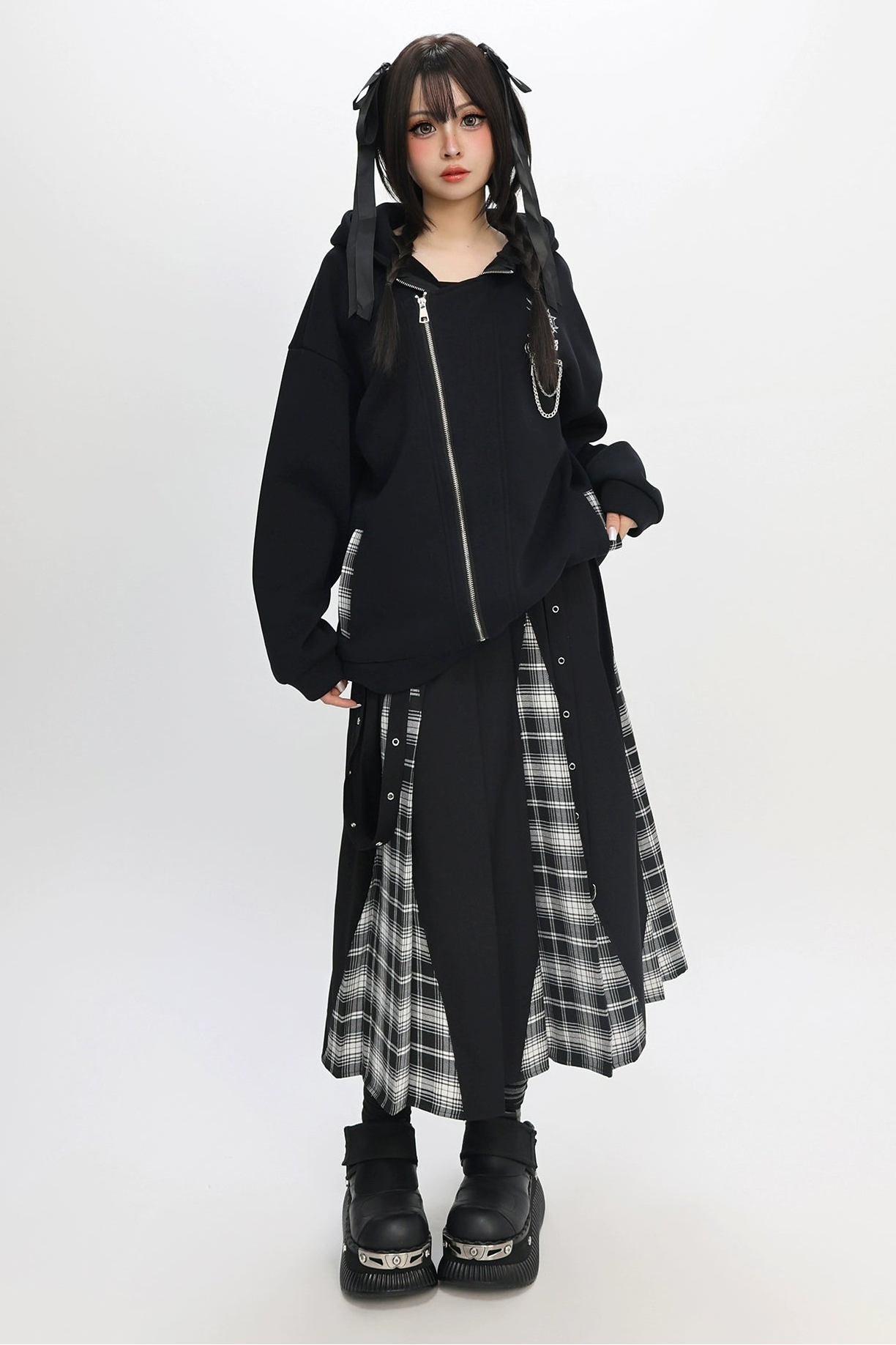 キャットフリースダブルジッパーフードパーカー