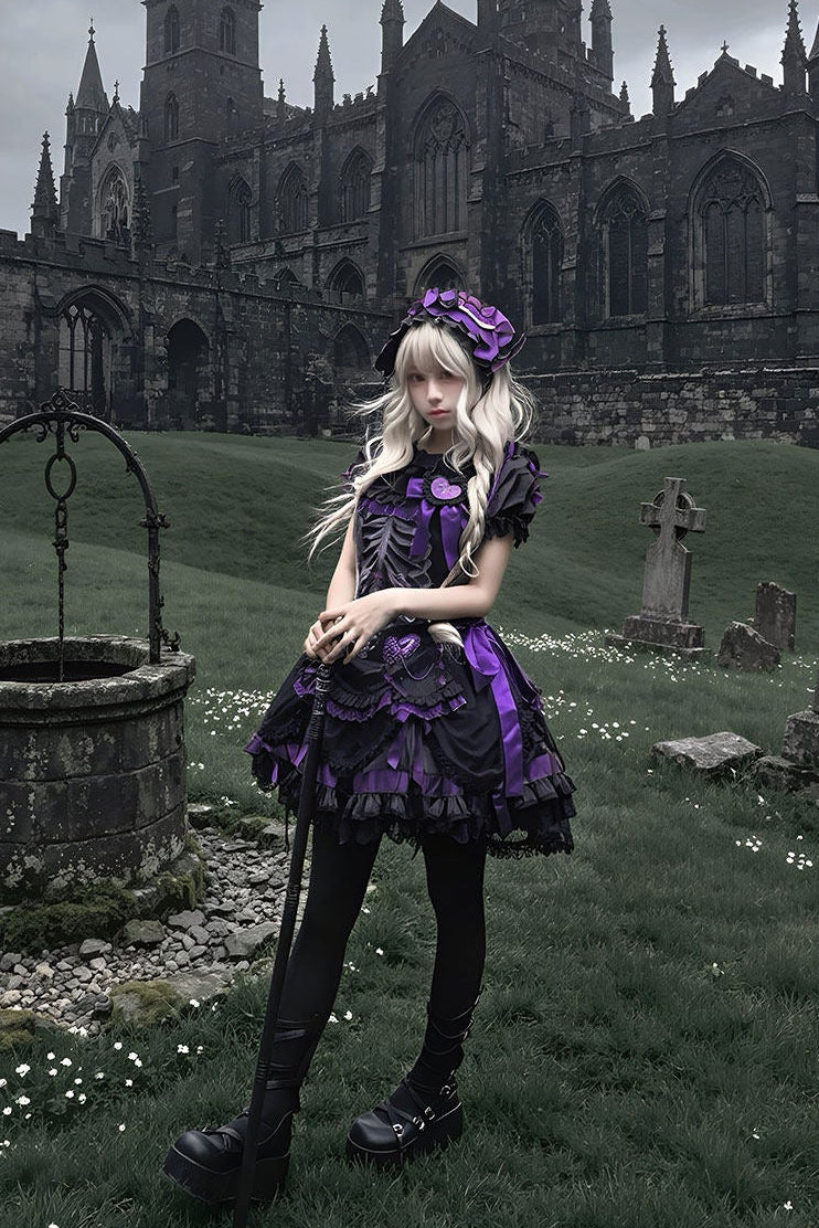 【11月4日予約締切】Blue-Black/Red-Black/Purple-Black Gothic Lolita Puff-Sleeve Lace Bow Doll Dress With Bone Embroidery Apron