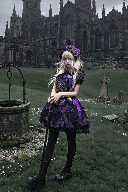 【11月4日予約締切】Blue-Black/Red-Black/Purple-Black Gothic Lolita Puff-Sleeve Lace Bow Doll Dress With Bone Embroidery Apron