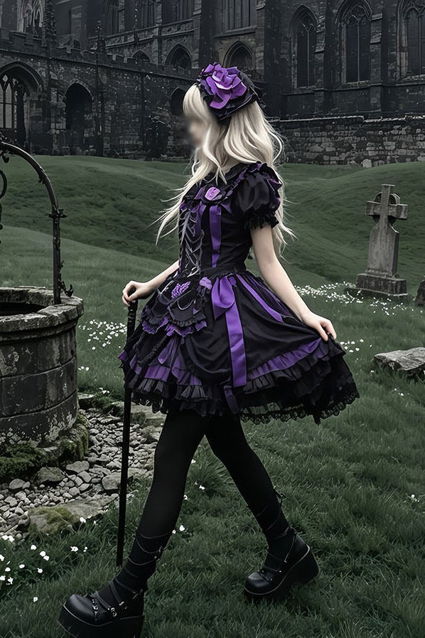 【11月4日予約締切】Blue-Black/Red-Black/Purple-Black Gothic Lolita Puff-Sleeve Lace Bow Doll Dress With Bone Embroidery Apron