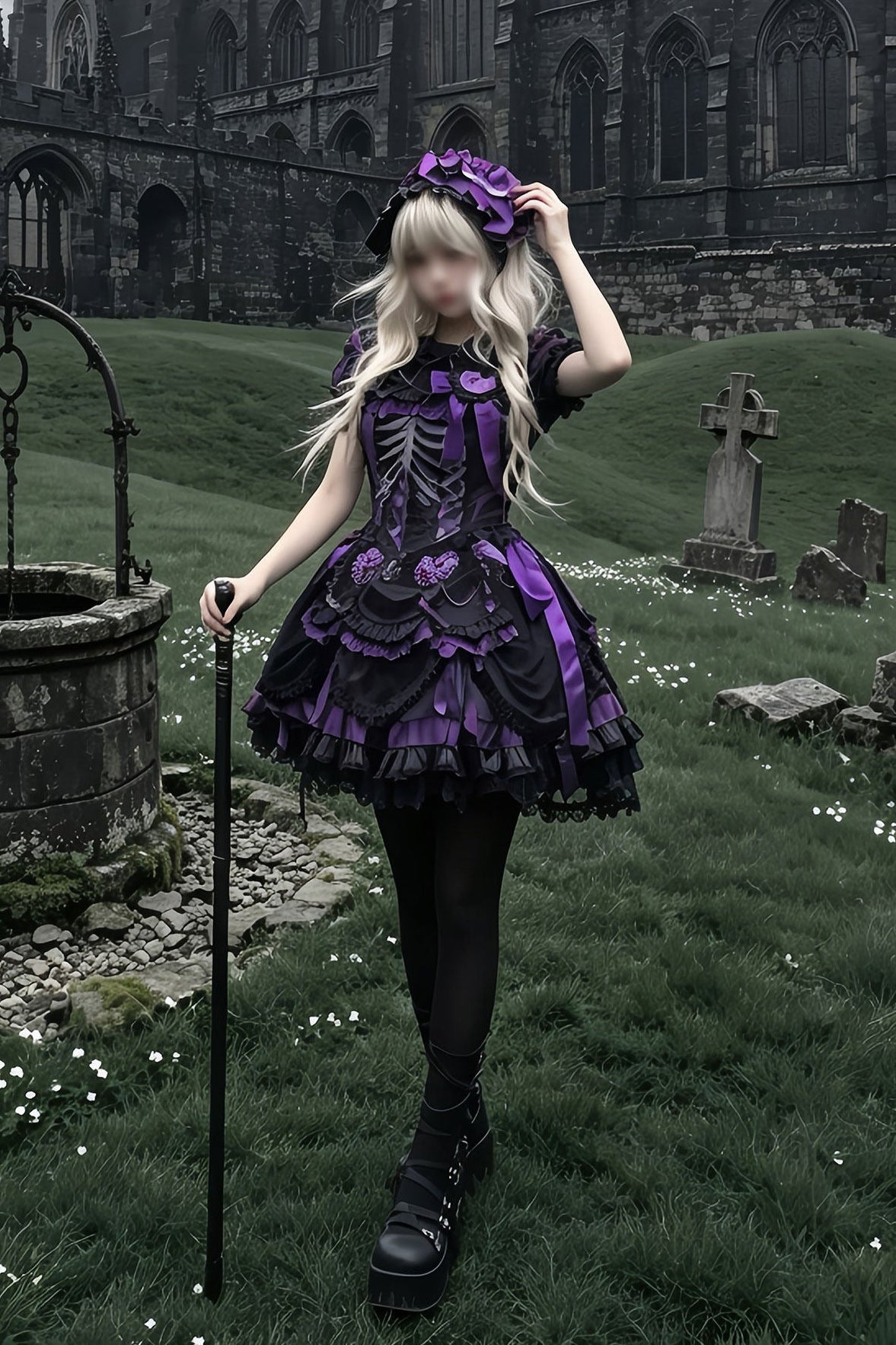 【11月4日予約締切】Blue-Black/Red-Black/Purple-Black Gothic Lolita Puff-Sleeve Lace Bow Doll Dress With Bone Embroidery Apron