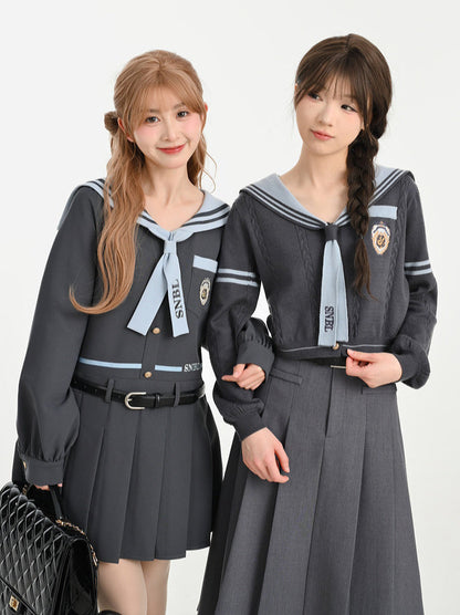 College Style Gray Sailor Dress + Sailor Collar Knit Top