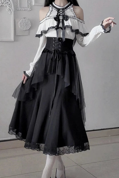 [Pre-order Deadline: October 30] Elegant Gothic White and Black Lace Off-Shoulder Long-Sleeve Ribbon Frill Blouse + Black Layered Lace Long Skirt