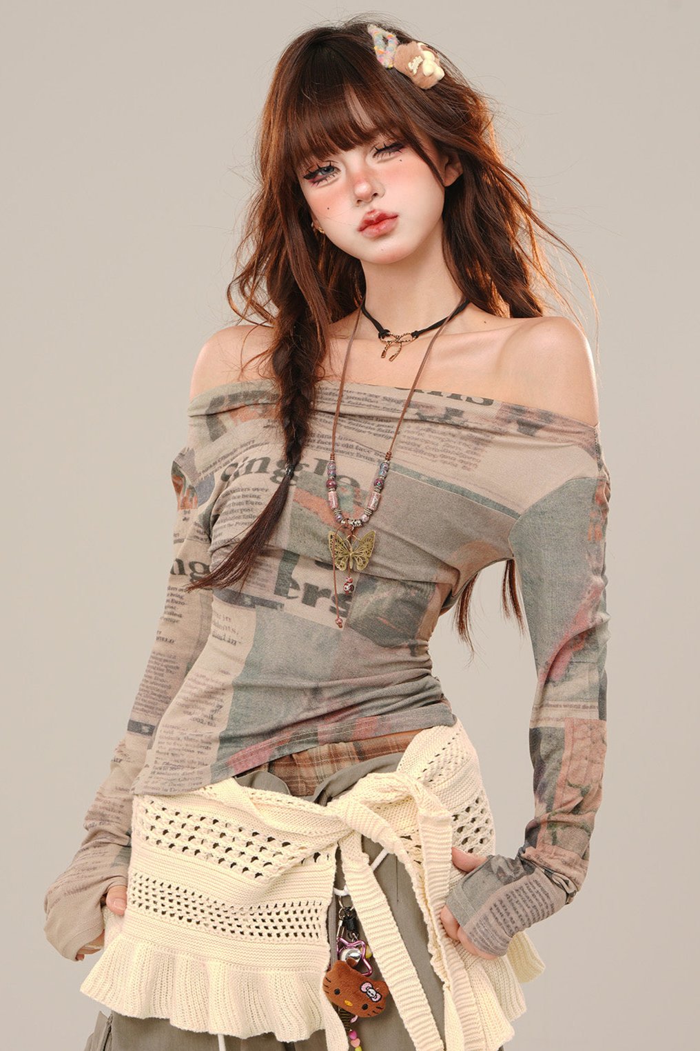 Pictorial One Shoulder Slim Long Sleeve Top