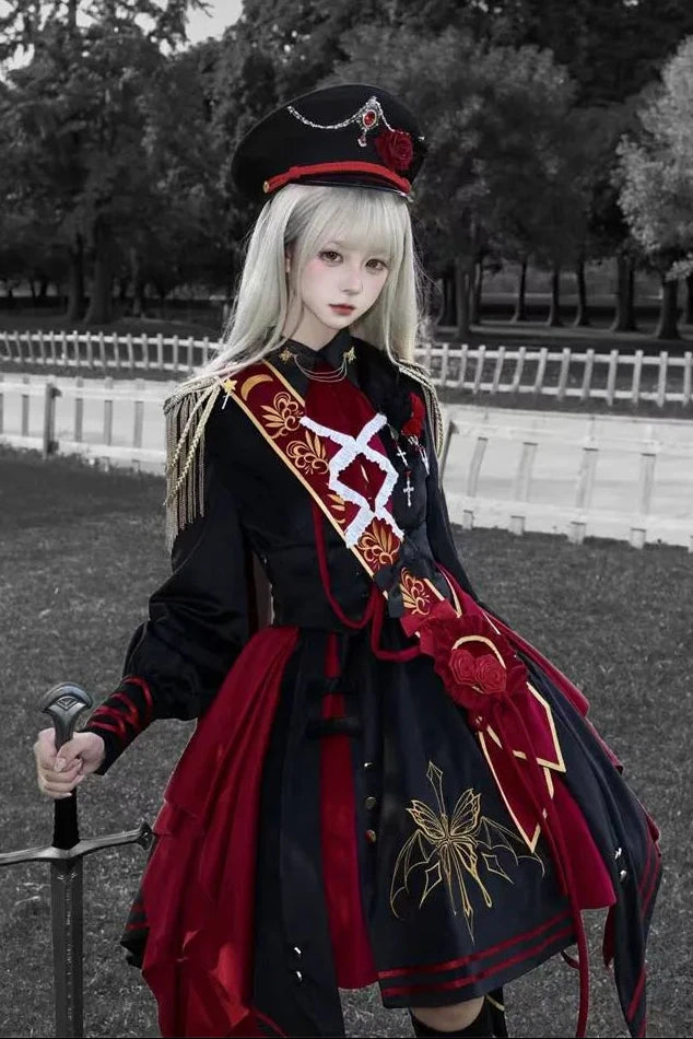 [Pre-order] Black and Red Military Gothic Lolita Asymmetrical Dress + Top + Sash + Brooch Set