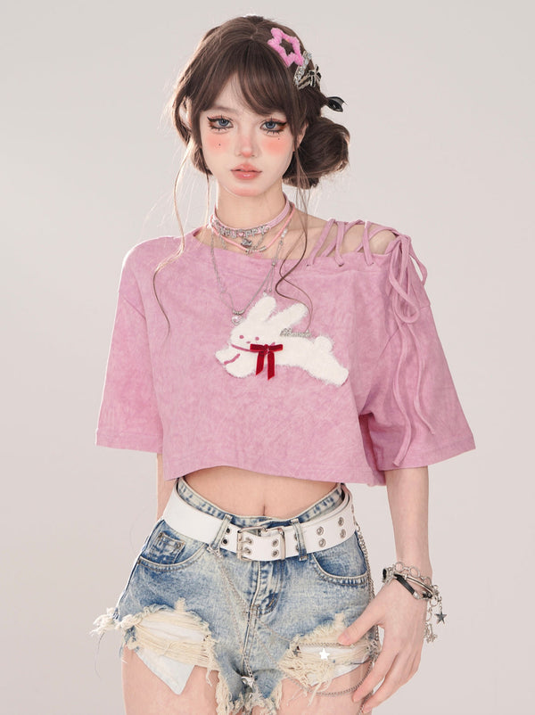 オフショルダーデザインラビットクロップドTシャツ【予約商品】
