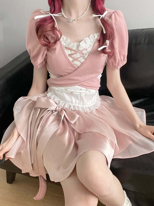 Girly Setup Puff Sleeve Cross Ribbon Top + Flower Camisole + Skirt