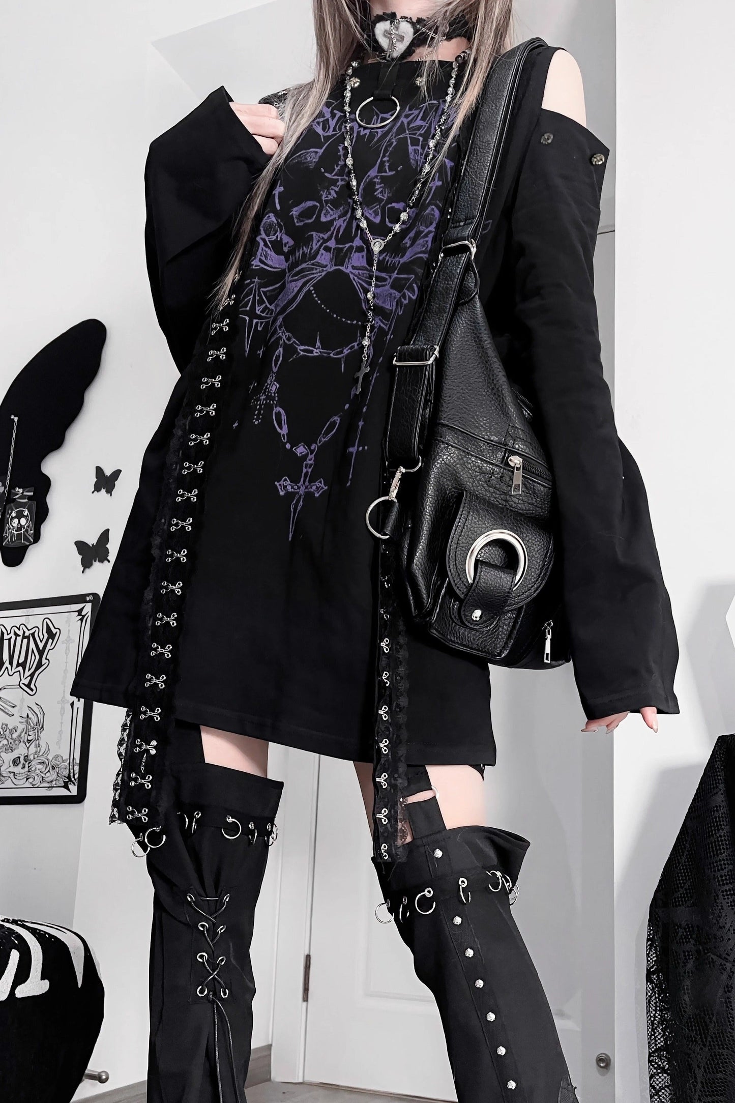 ダブルスカルサブカルチャーダークルーズオフショルダートップス