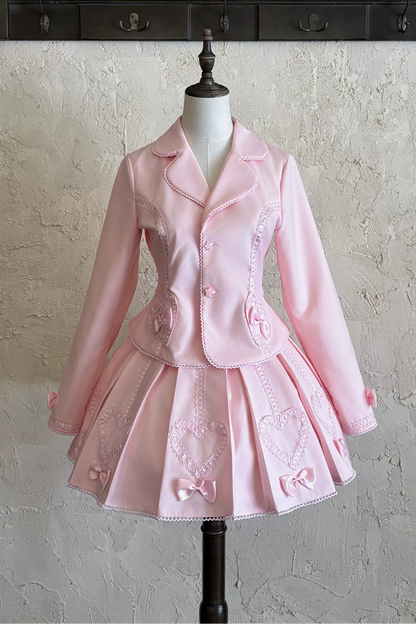 [Pre-order Deadline: June 28] Pink/Gray Vintage Lolita Heart Ribbon Tailored Jacket + Skirt + Tie